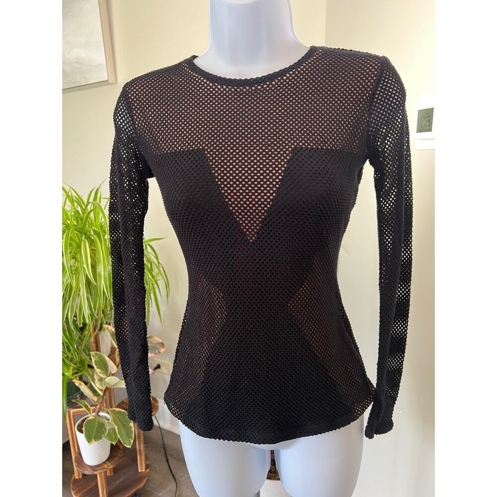 BCBGMAXAZRIA Black Beige MINDY Fishnet Mesh‎ Shirt XXS #417
